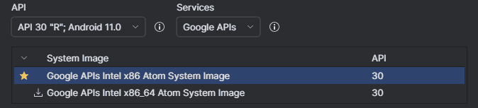 API and System Image selection.