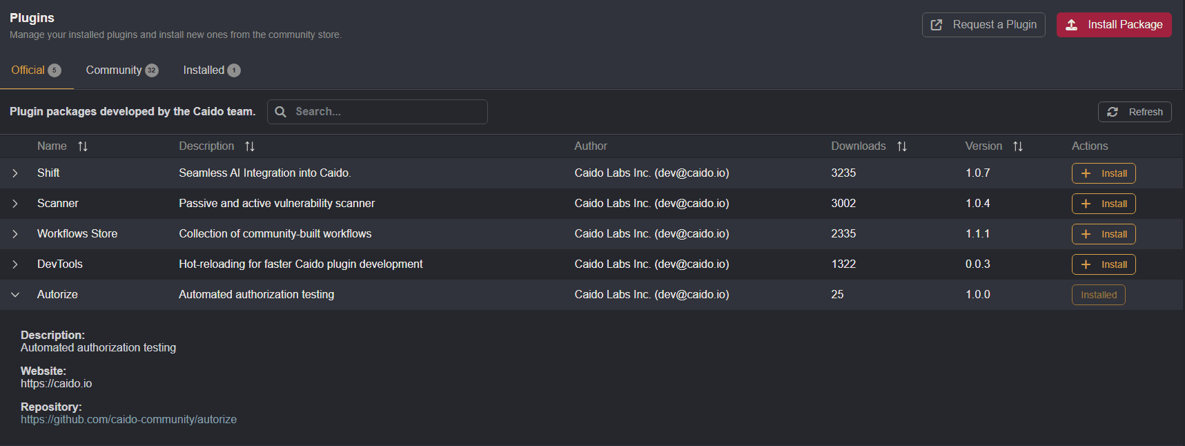 The Autorize plugin listed in the Official tab.