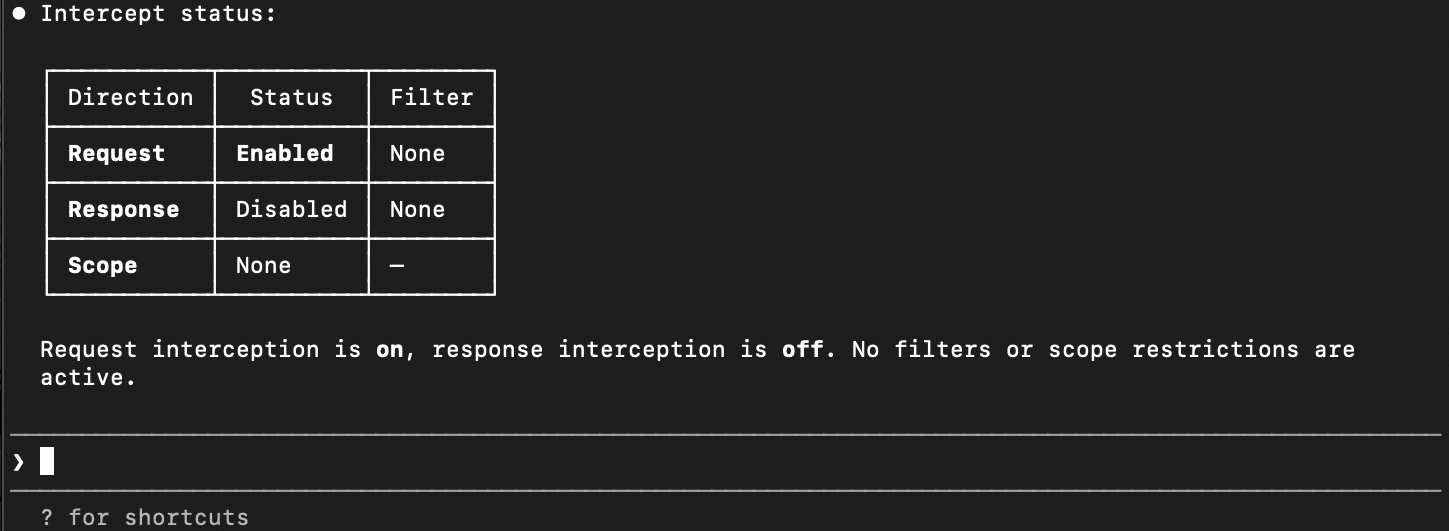 Checking the interception status of Caido.