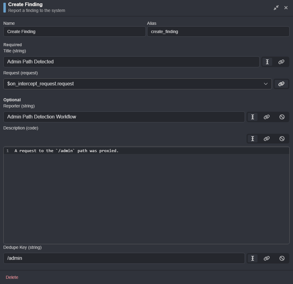 The Create Finding node editor.